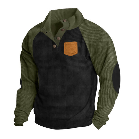 Herren Geripptes Henley‑Pullover mit Raglanärmeln, Ellenbogen‑Patches & Brusttasche EB