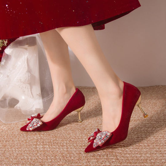 Damen elegante High Heel Pumps mit funkelndem Schleifenakzent EB