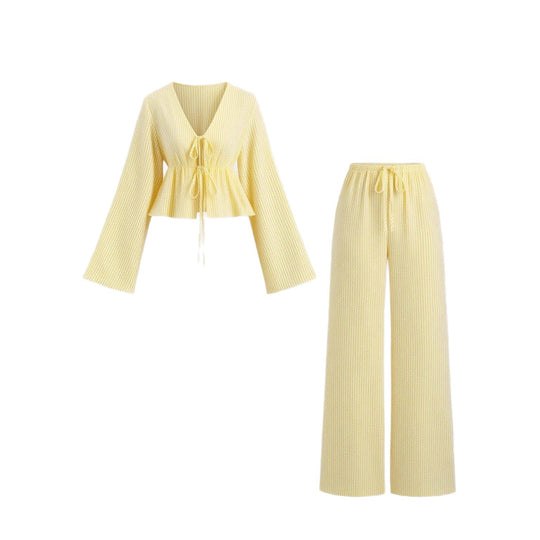 Damen nan gestreiftes Leinenähnliches Homewear-Set mit gerafftem Tunnelzugoberteil und elastischer Bundhose EB