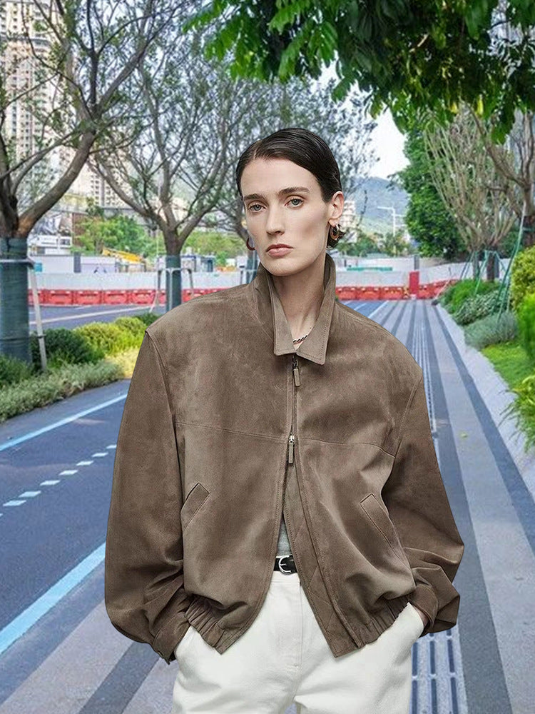 Damen Luxuriöse Wildlederjacke mit elastischem Bund und lässigem Schnitt EB