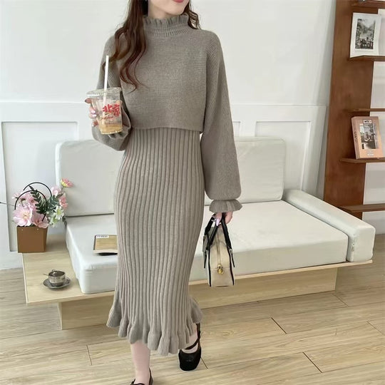 Damen Strickkleid mit hochgeschlossenem Kragen und Rippstruktur EB