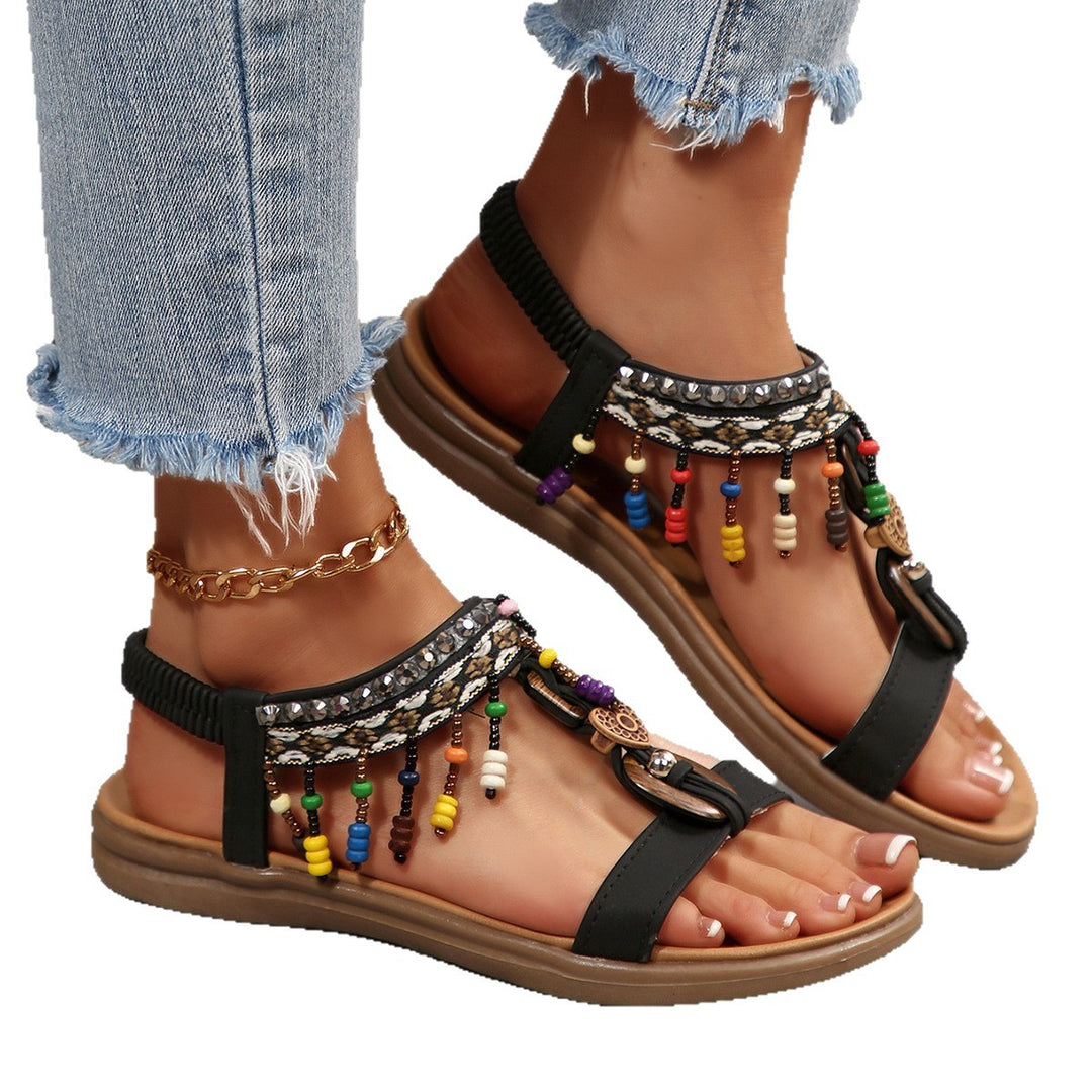 Damen Riemensandalen mit bunten Perlen und komfortablem Fußbett EB