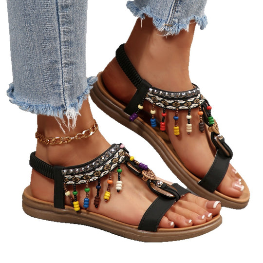 Damen Riemensandalen mit bunten Perlen und komfortablem Fußbett EB