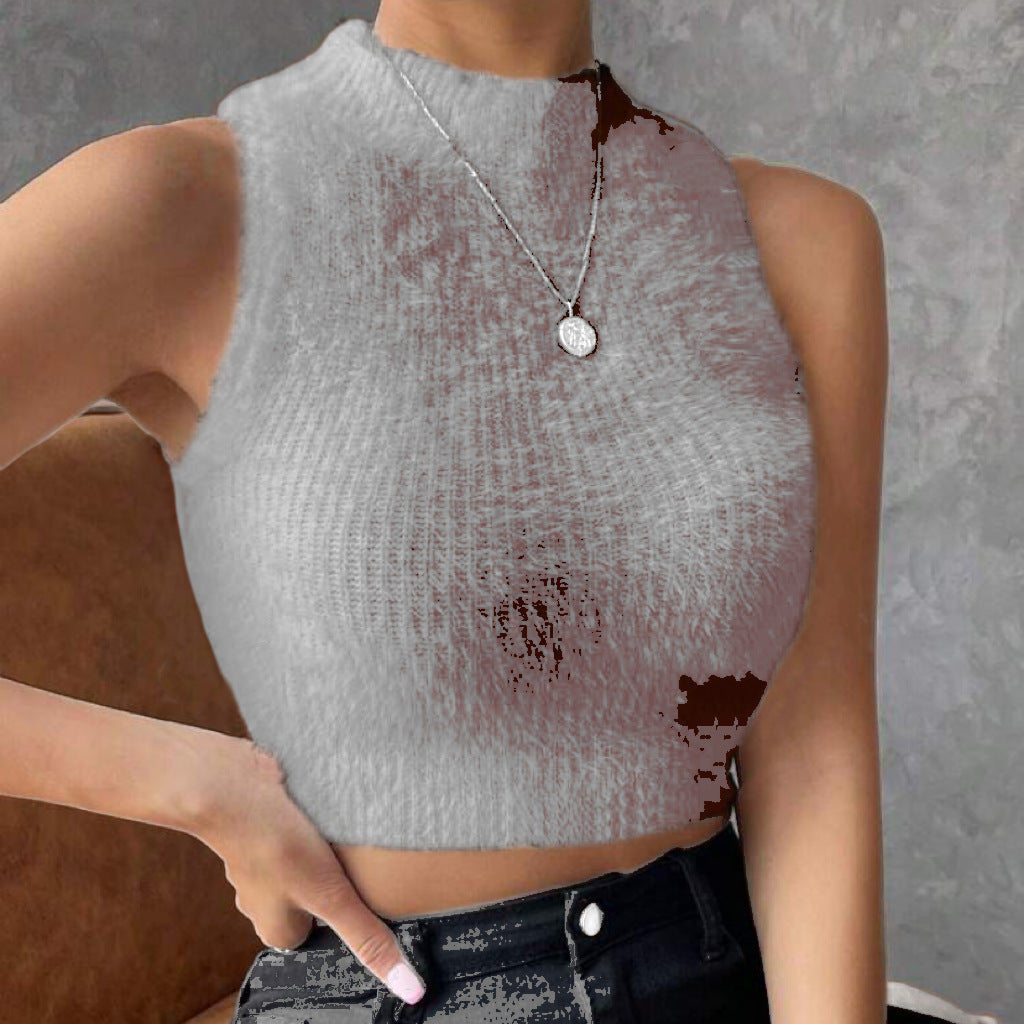 Damen Kurz geschnittenes ärmelloses geripptes Strick-Crop-Top mit Stehkragen EB