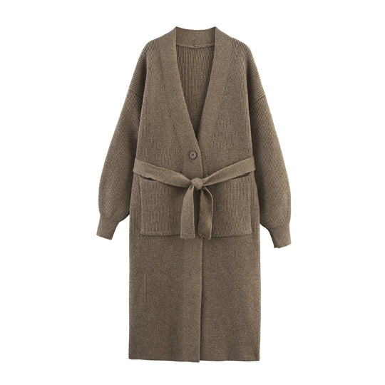 Damen Lange Strickjacke mit Gürtel und Taschen EB