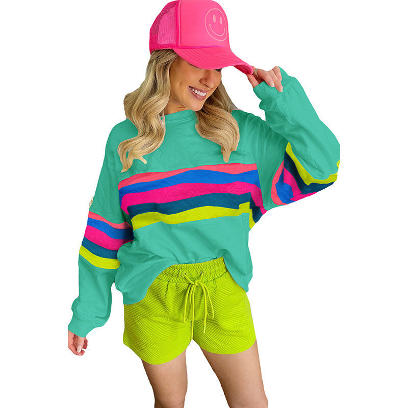 Damen Lässiges Oversized-Sweatshirt mit Bunten Streifen und Tieferem Rundhalsausschnitt EB
