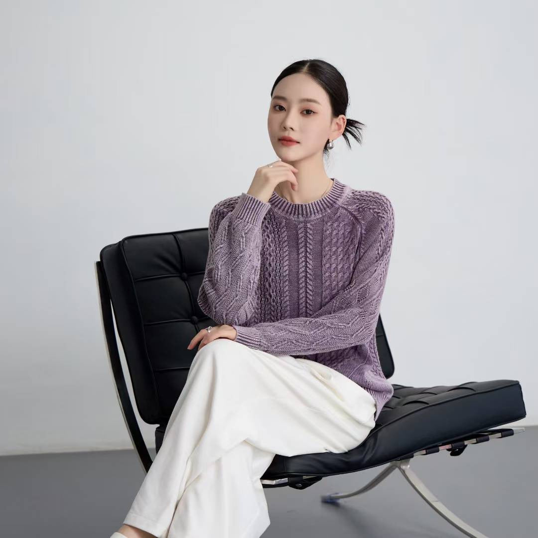 Damen Grob gestrickter Pullover mit Zopfmuster und lässigem Schnitt EB