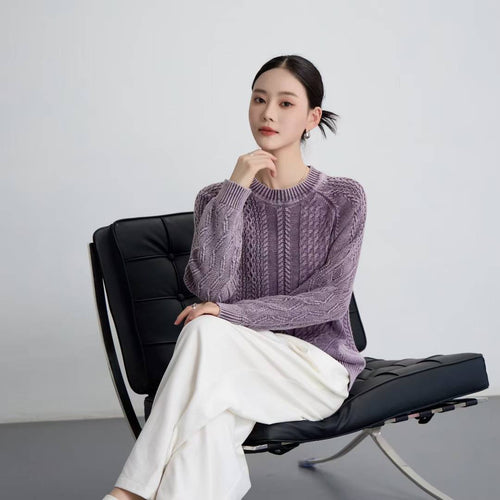Damen Grob gestrickter Pullover mit Zopfmuster und lässigem Schnitt EB
