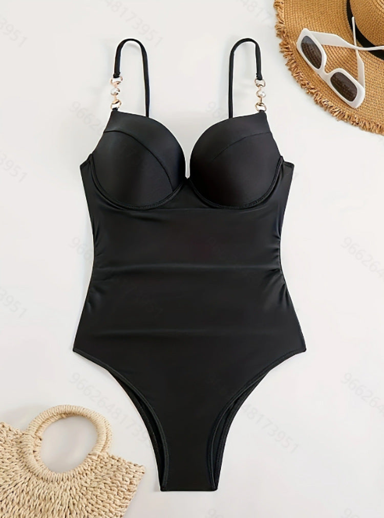 Damen Eleganter Hochgeschnittener Einteiler Badeanzug mit modischen Schnallen EB