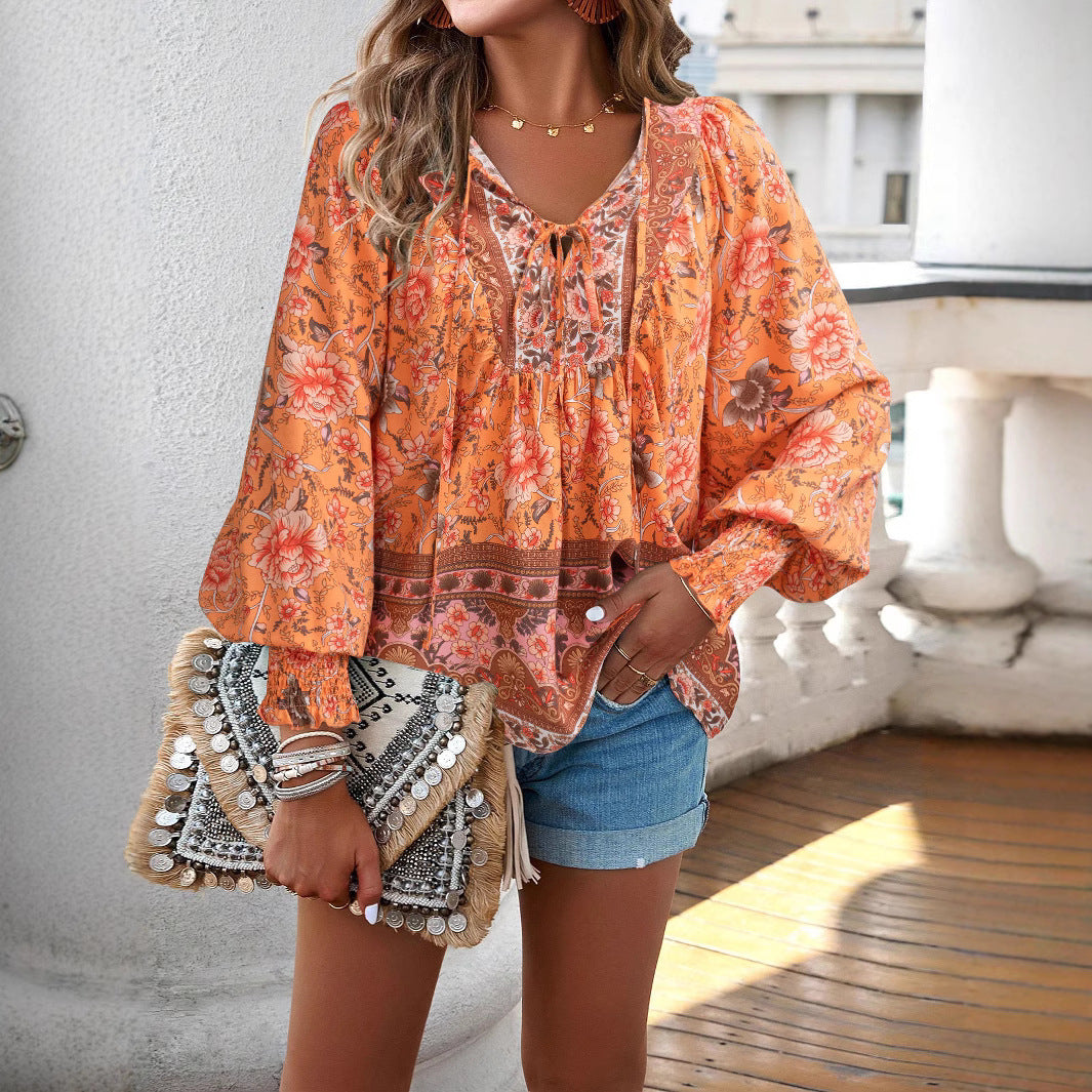 Damen Boho-Bluse mit Schleifenverzierung und floralen Mustern EB