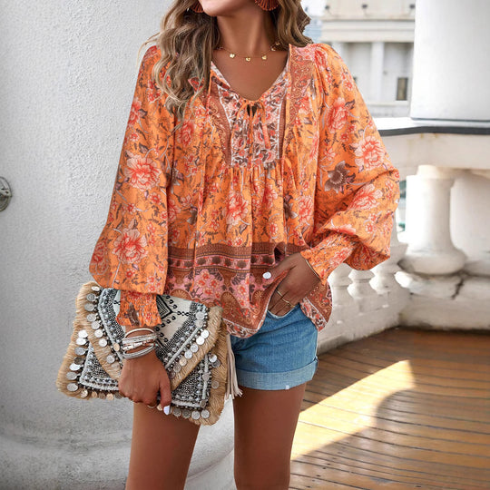 Damen Boho-Bluse mit Schleifenverzierung und floralen Mustern EB