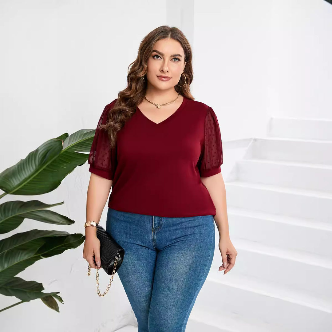 Damen elegantes Blusenshirt mit transparenten Puffärmeln und V-Ausschnitt EB