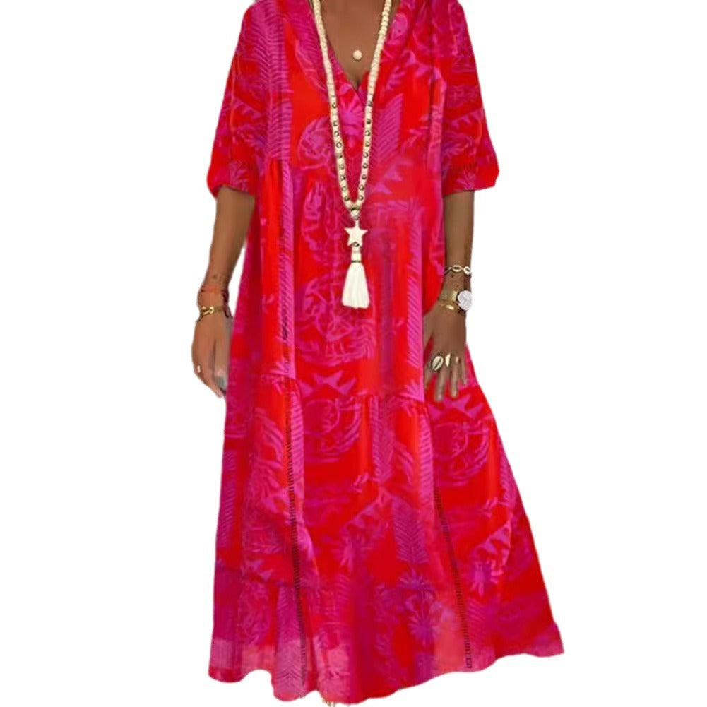 Damen elegantes Maxikleid mit floralen Motiven und V-Ausschnitt Heidi-Mode