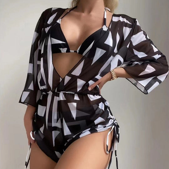 Damen Bikiniset mit transparentem Überwurf und modischem geometrischen Muster EB