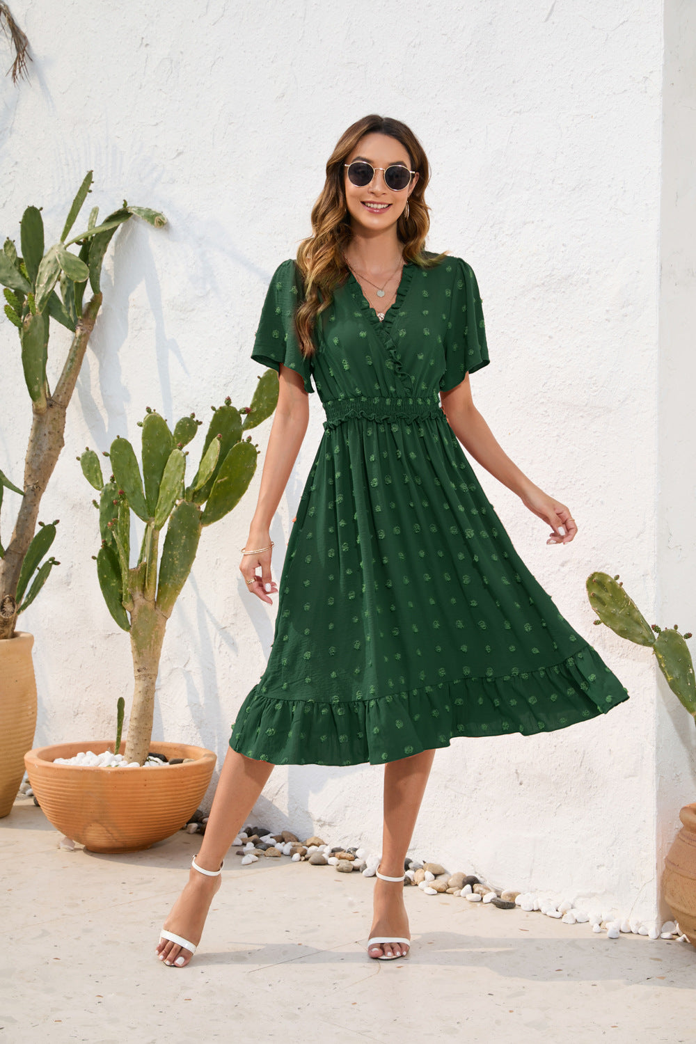 Damen Midikleid mit raffiniertem V-Ausschnitt, elastischem Taillenzug und fließendem Rock EB