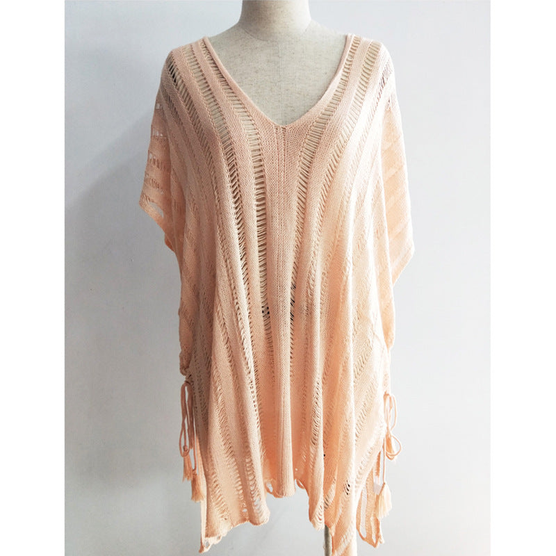 Damen lässige Strickbluse mit seitlichen Bindebändern EB