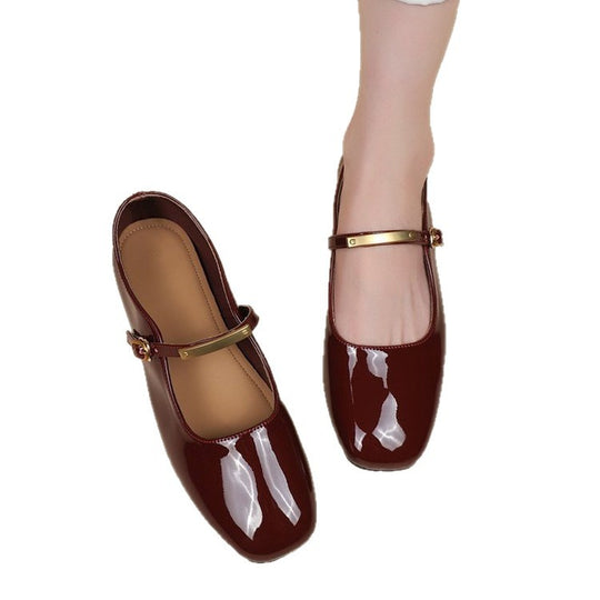 Damen Lackleder Ballerinas mit verstellbarem Riemen und goldener Schnalle EB