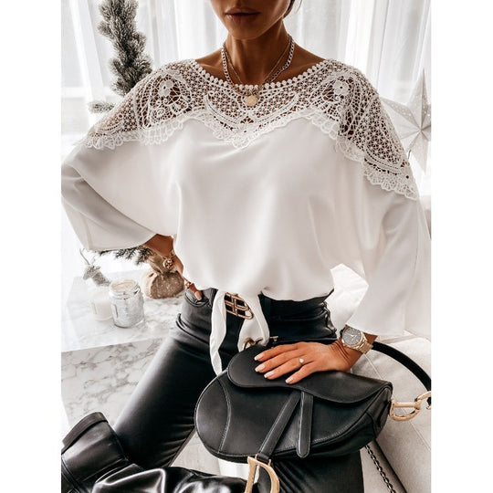 Damen nan elegante Spitzenbluse mit Bindeschleife und überschnittenen Ärmeln EB