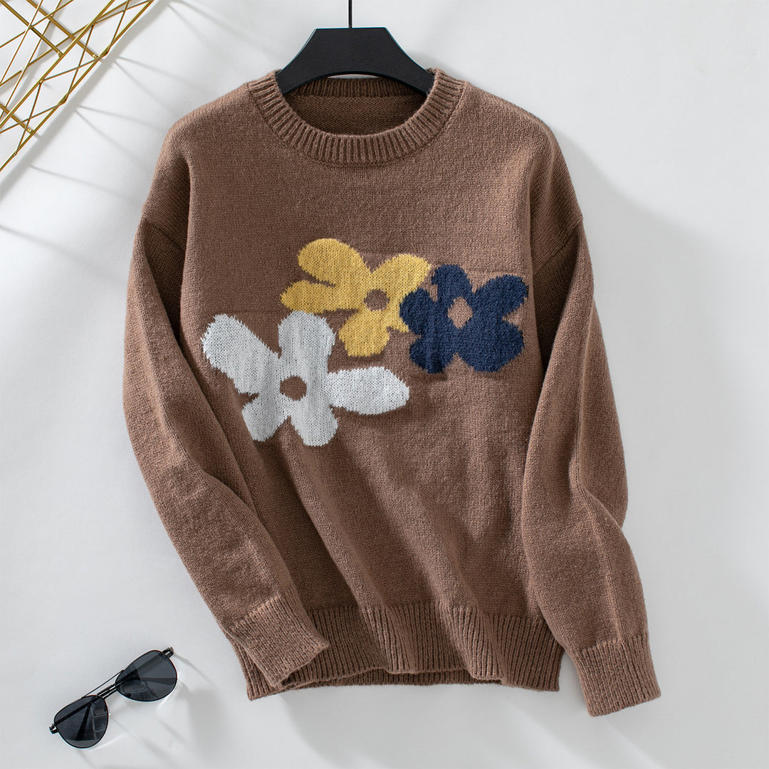 Damen lässiger Pullover mit floralen Motiven und Rundkragen EB