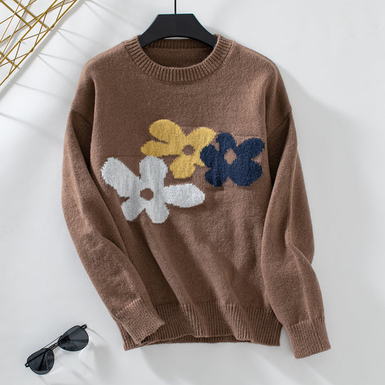 Damen lässiger Pullover mit floralen Motiven und Rundkragen EB