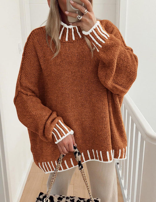Damen lässiger Grobstrickpullover mit modernem Streifenmuster EB
