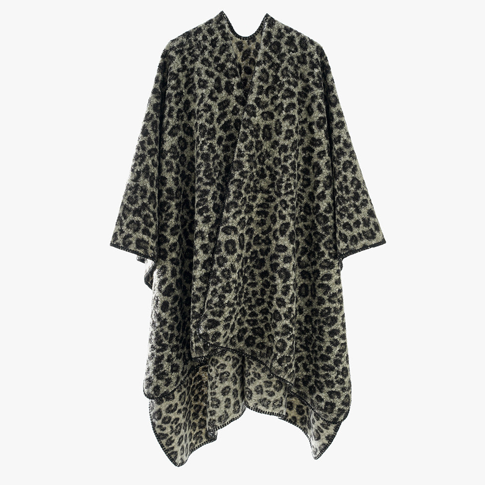 Damen Rechteckiger Wickel‑Ruana mit Leoparden‑Bouclé und feiner Kettelung EB