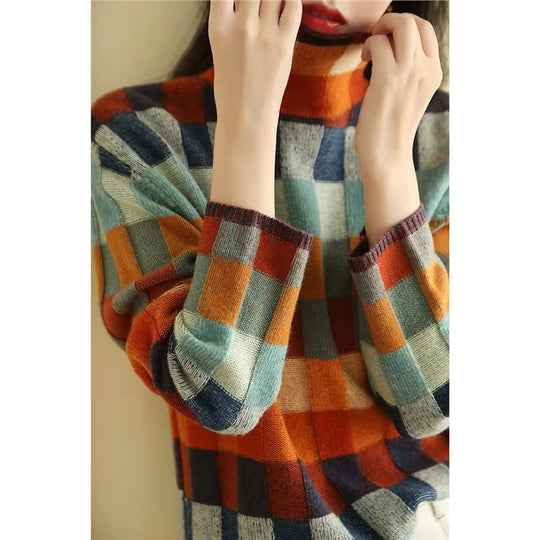 Damen Strickpullover mit modernem Karomuster und hohem Kragen EB