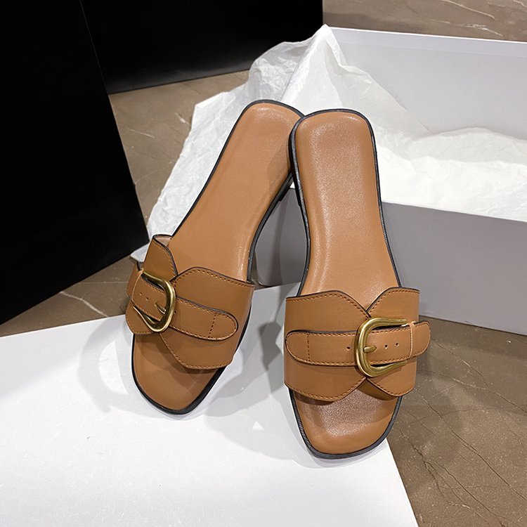 Damen elegante Riemchen-Pantoletten mit goldener Schnallenverzierung EB