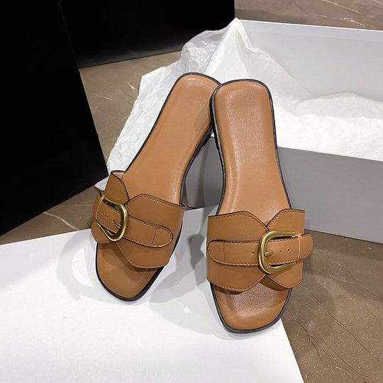 Damen elegante Riemchen-Pantoletten mit goldener Schnallenverzierung EB