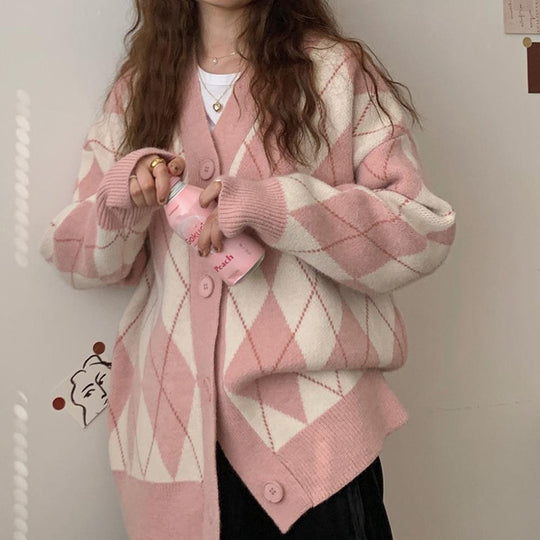 Damen lässige Strickjacke mit Rautenmuster und großen Knöpfen EB