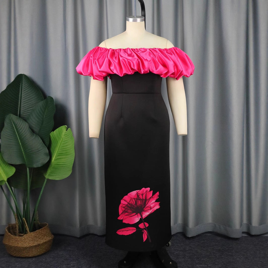 Damen elegantes Maxikleid mit voluminösem Rüschenkragen und floralem Print EB