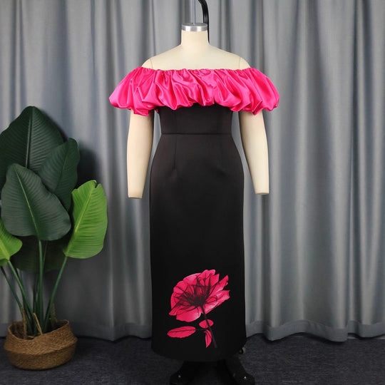 Damen elegantes Maxikleid mit voluminösem Rüschenkragen und floralem Print EB