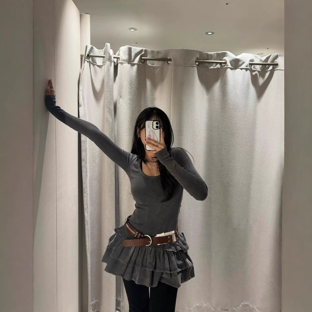 Damen Langarmkleid mit Rüschensaum EB