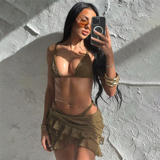 Damen Bikini Set mit Rüschen und zartem Spitzenmuster EB