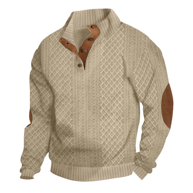 Herren nan grobstrickpullover mit Stehkragen, Knopfleiste und Ellbogenpatches EB