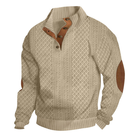 Herren nan grobstrickpullover mit Stehkragen, Knopfleiste und Ellbogenpatches EB