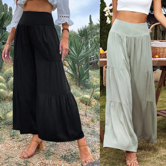 Damen weit geschnittene Sommerpalazzo-Hose mit hohem Bund und plisséierten Details EB