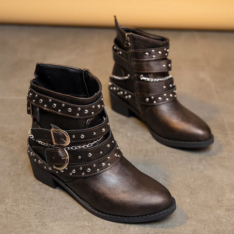 Damen Trendige Schnürstiefeletten mit dekorativen Riemen und glänzenden Akzenten EB