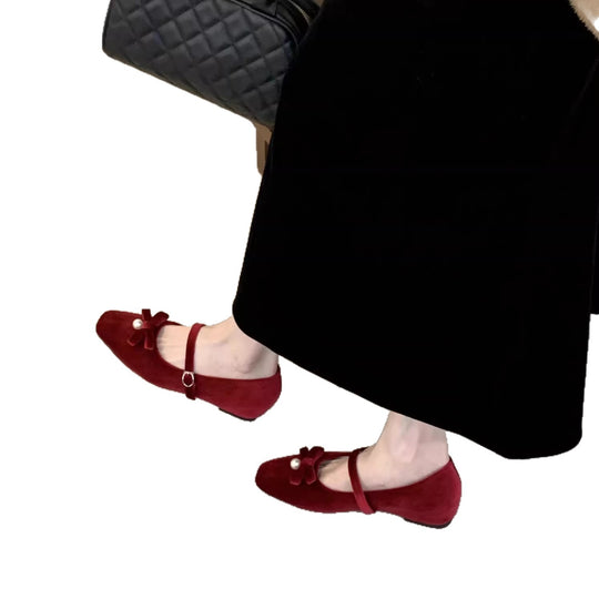 Damen Ballerinas mit elegantem Riemchen und perlverzierter Schleife EB