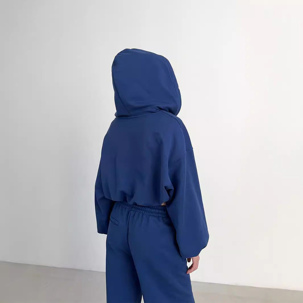 Damen kurzes Zip-Hoodie-Set mit taillenhoher Wide-Leg Jogginghose aus French-Terry EB