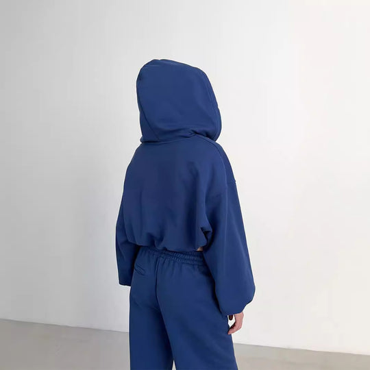 Damen kurzes Zip-Hoodie-Set mit taillenhoher Wide-Leg Jogginghose aus French-Terry EB