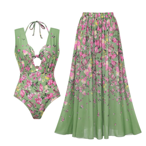 Damen Bikiniset mit floralem Schnitt und elegantem Maxirock EB