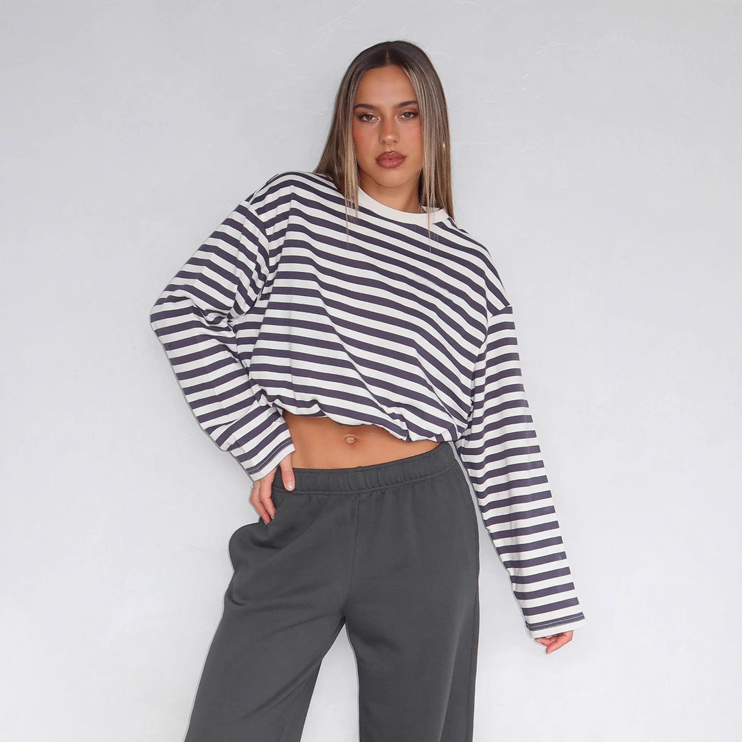 Damen cropped gestreifter Sweatshirt mit Kordelzug EB