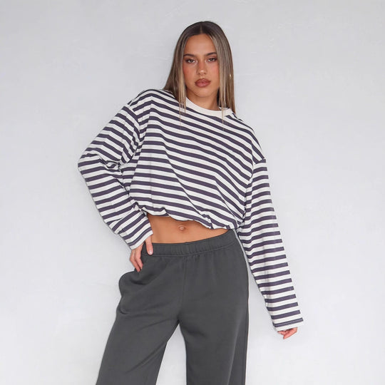 Damen cropped gestreifter Sweatshirt mit Kordelzug EB