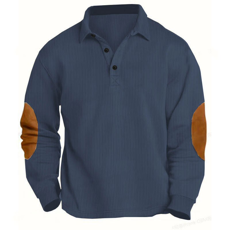 Herren nan legeres Langarm-Poloshirt mit Hemdkragen, kurzer Knopfleiste, feiner Struktur und Velours-Ellenbogenbesatz EB