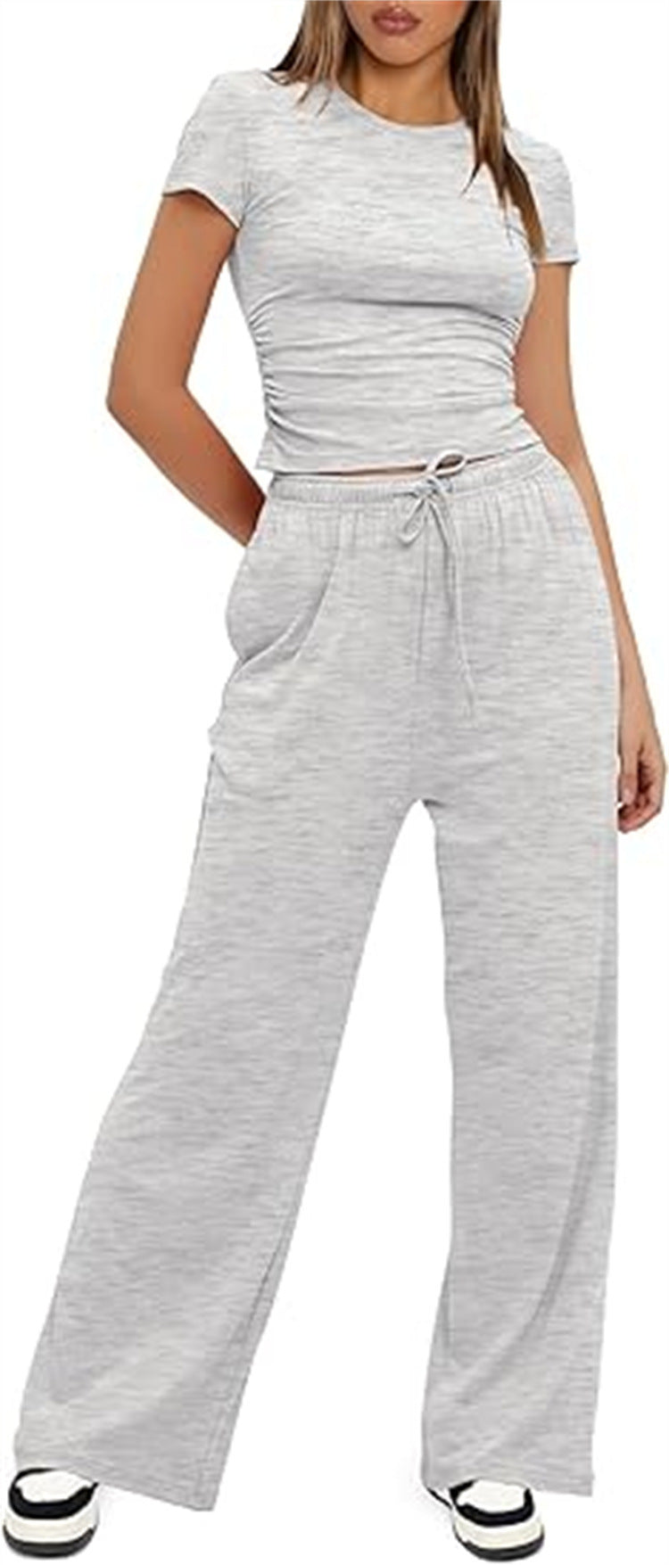 Damen lässiger Zweiteiler mit cropped Oberteil und weitem Beinkleid EB