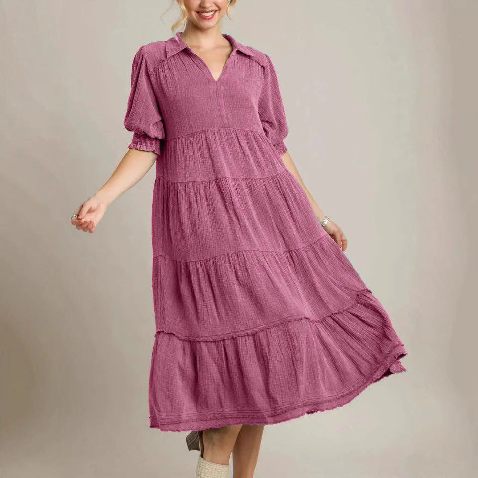 Damen lässiges Maxikleid mit V-Ausschnitt und volumetrischen Ärmeln EB