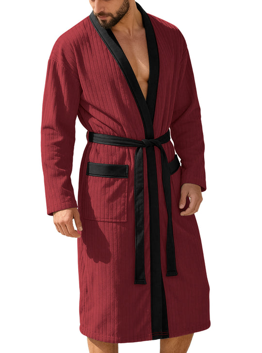 Herren nan wadenlanger Rippen-Bademantel im Kimono-Stil mit Schalkragen und Kontrastpaspel EB