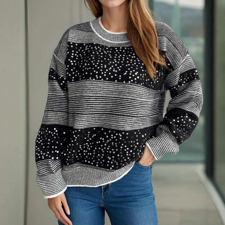 Damen modischer Pullover mit funkelnden Applikationen EB
