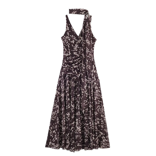 Damen Maxikleid mit floralem Rüschenversatz und elegantem V-Ausschnitt EB